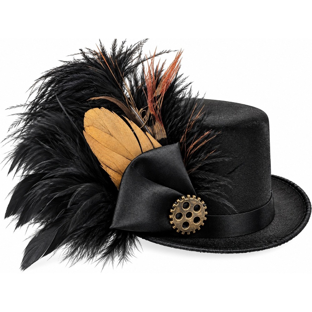 Womens Steampunk Mini Top Hat Fascinator Black Feather Gear Headband Accessory